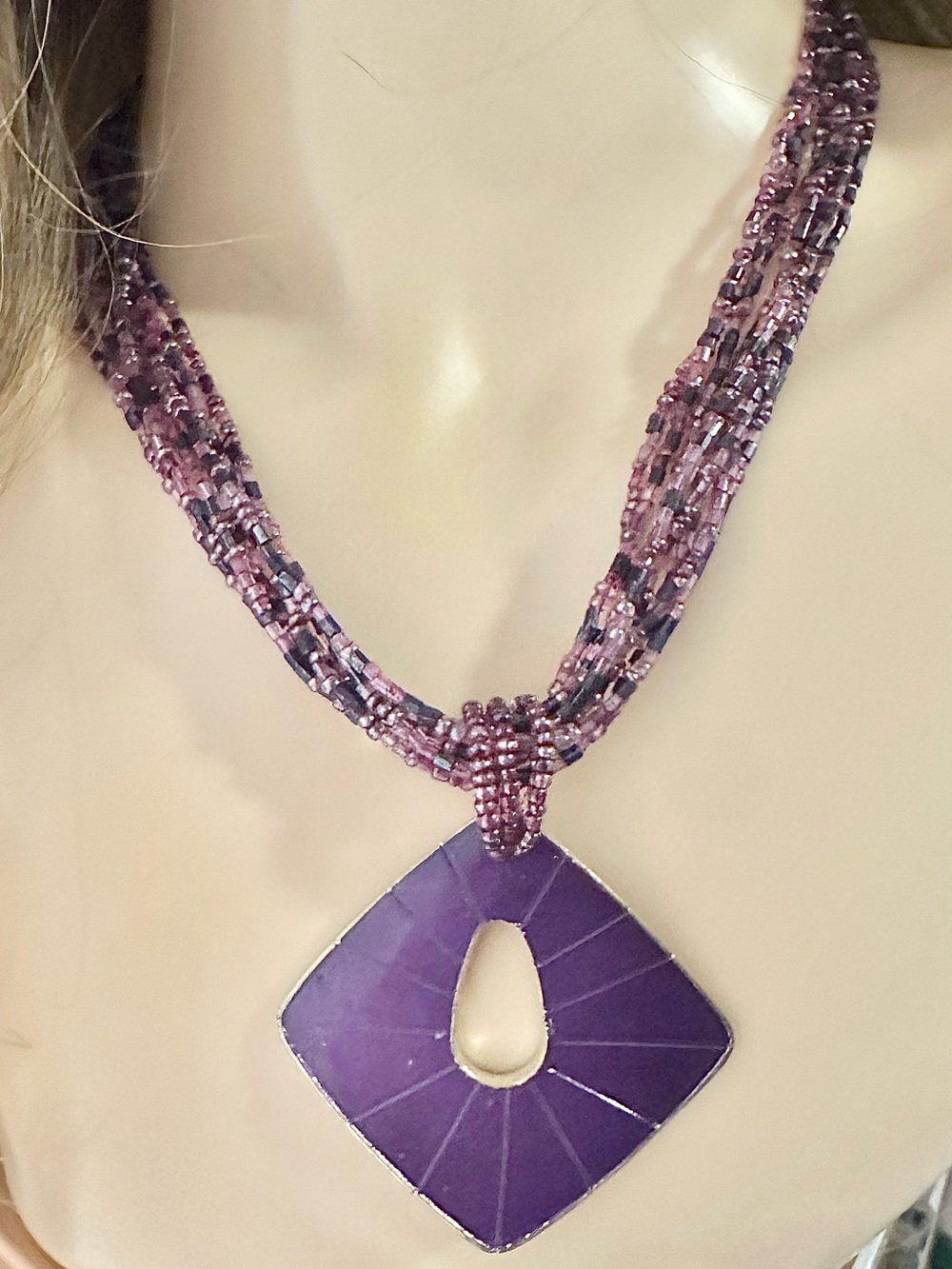 Purple Multi-Strand Beaded Necklace with Geometric Purple Shell Pendant